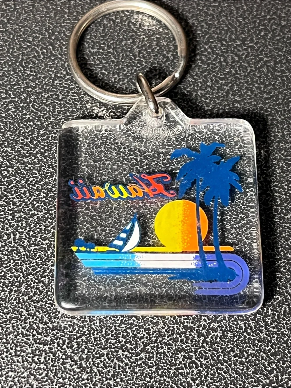 Hawaii Sunset Acrylic Keychain with Palm Tree and Sailboat, Travel, Souvenirs